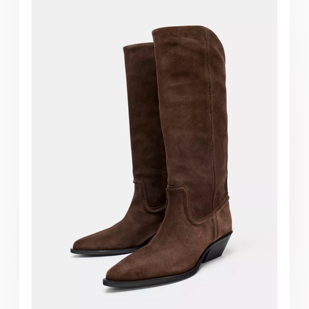 ZARA SPLIT LEATHER HEELED COWBOY BOOTS Brown Suede Knee-High Boots - Picture 3 of 12